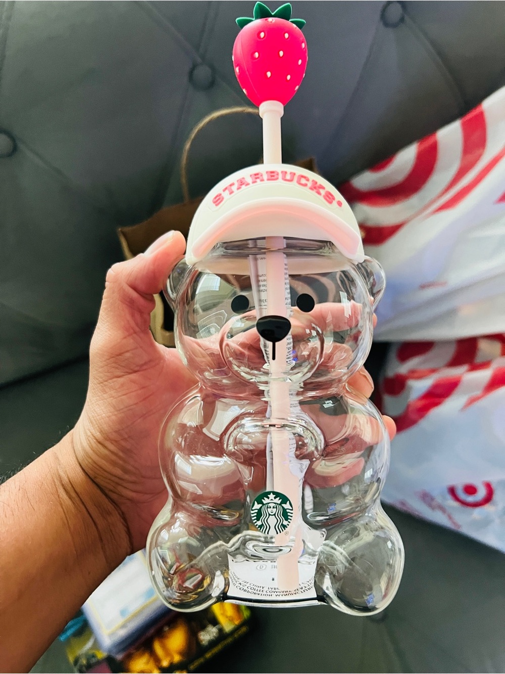 Starbucks Clear Bear Tumbler with Pink Straw and Strawberry Top
